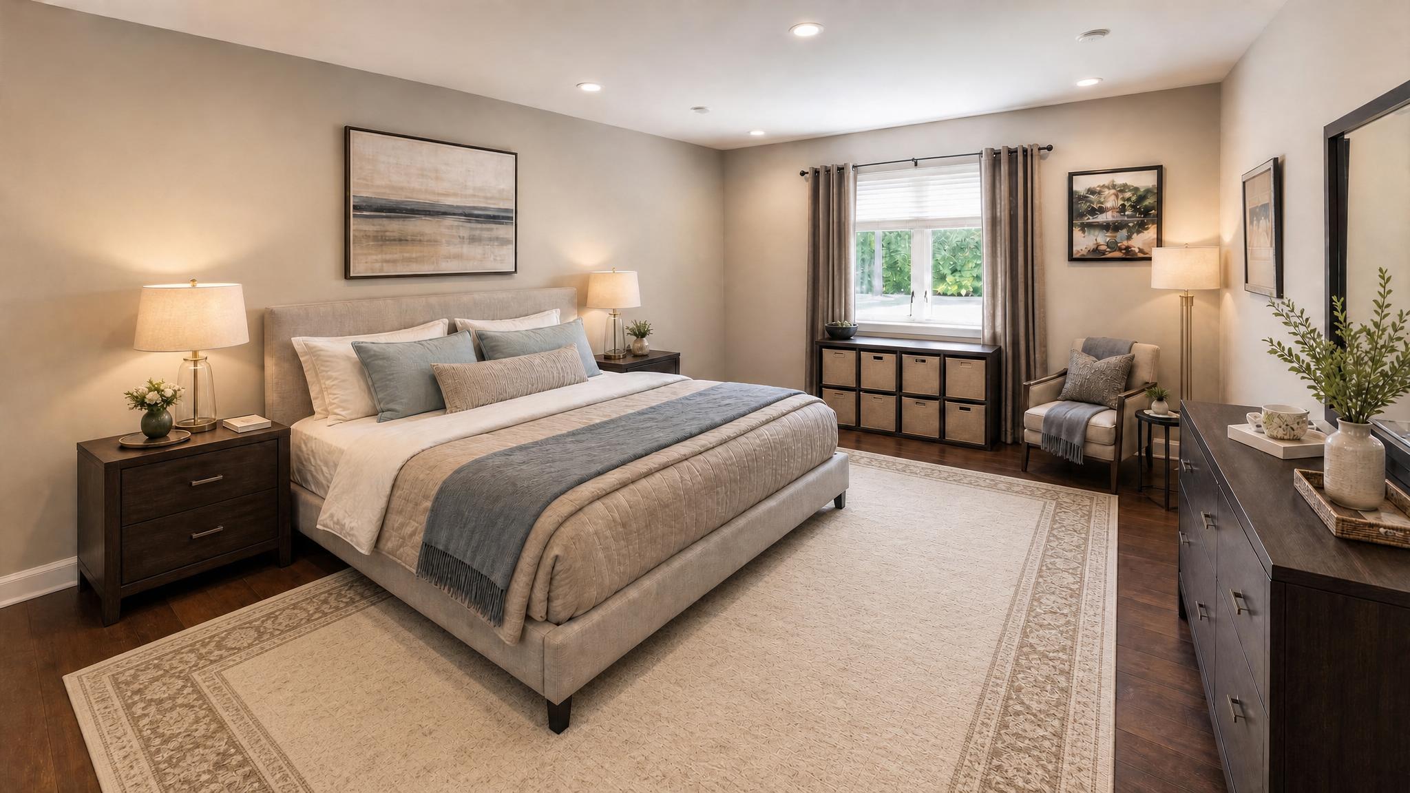 Room Reset concept: the same full bedroom with bed, window, dresser, seating, and floor plan preserved while bedding, lighting, premium rug, storage, art, palette, and surfaces are elevated.