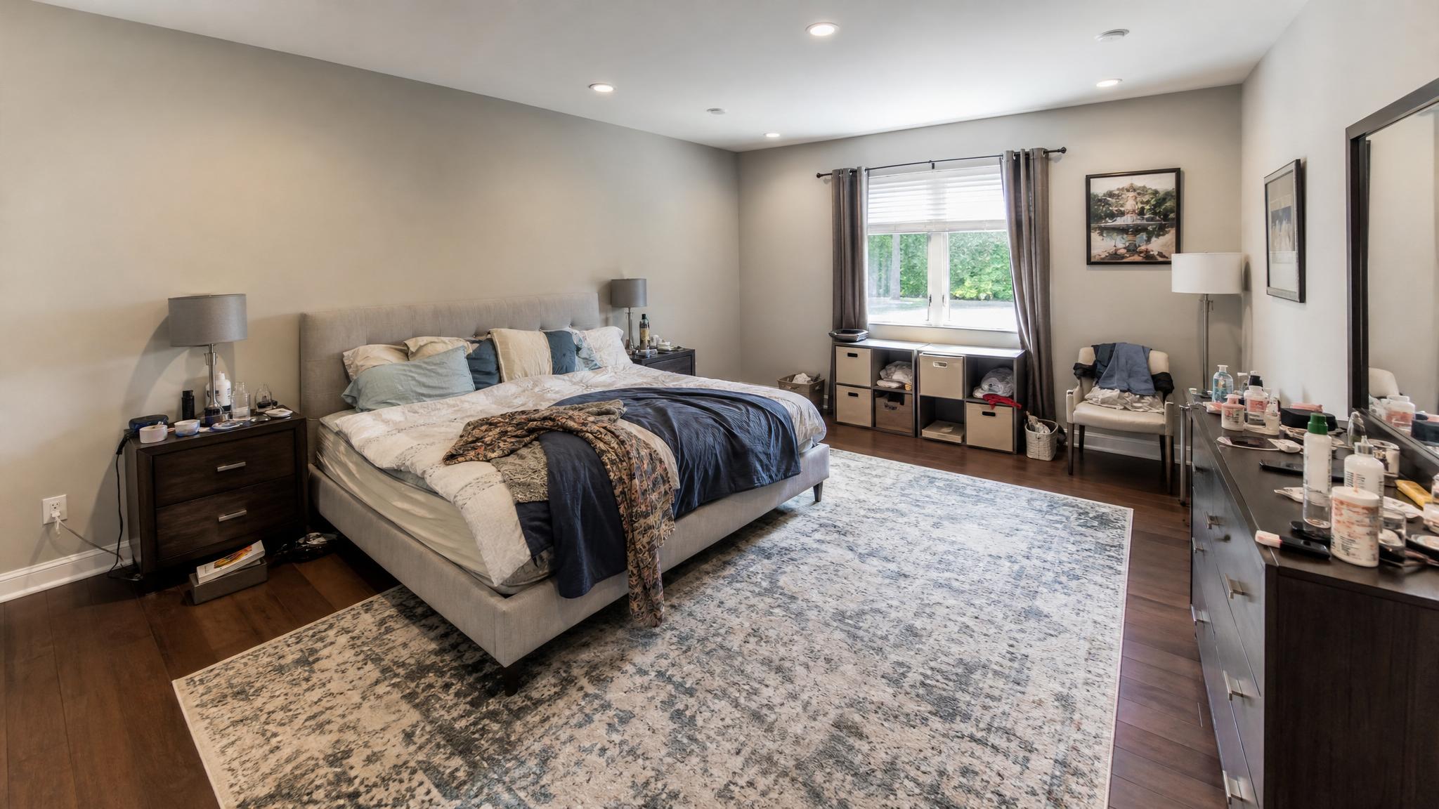Before example: a full bedroom that is functional but unfinished, with mismatched bedding, flat lighting, cluttered dresser, underused window wall, and no cohesive palette.